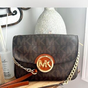 Michael Kors Dark Brown Crossbody Bag with Gold Accents